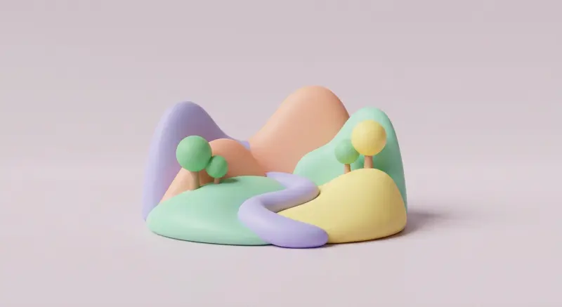 Collines pastel arrondies avec arbres tropicaux et une rivière
