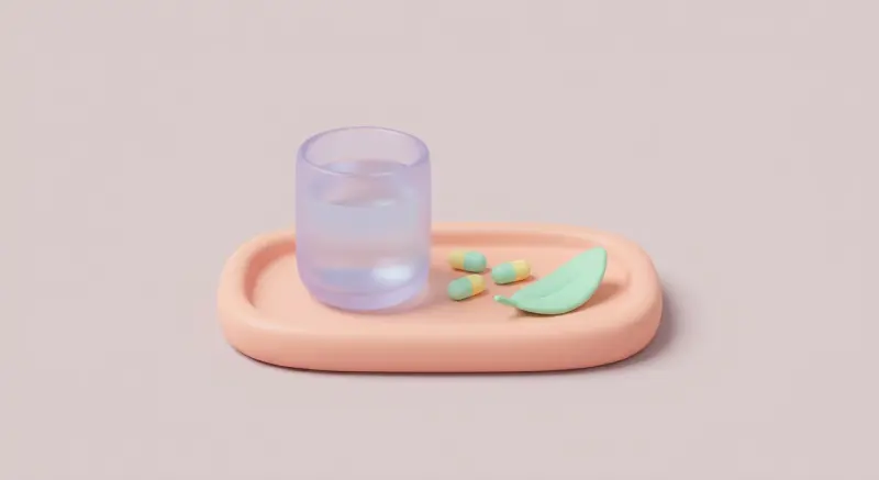 Verre d'eau, gélules et petite feuille sur un plateau pastel