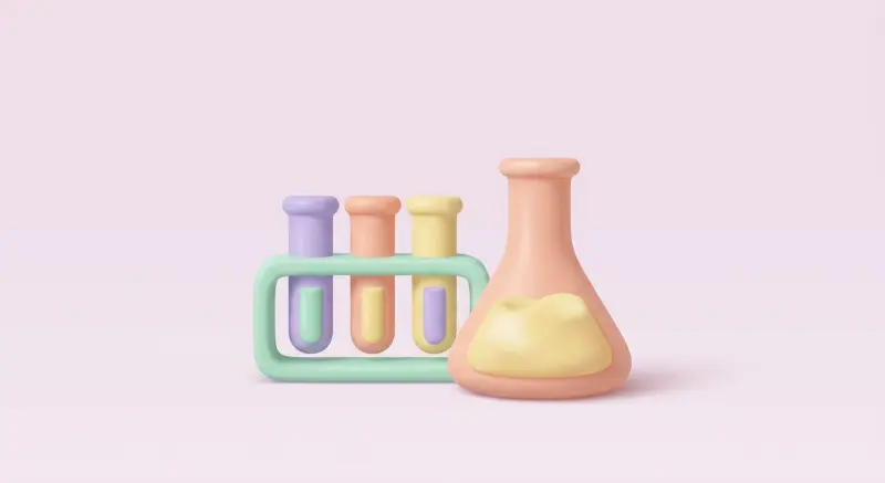 Erlenmeyer et tubes à essai pastel sur un portoir